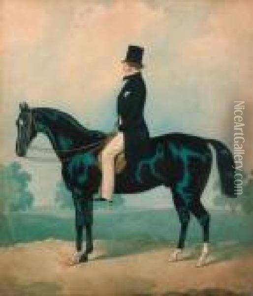 A Gentleman Seated On A Black Horse Oil Painting - Joshua Dighton