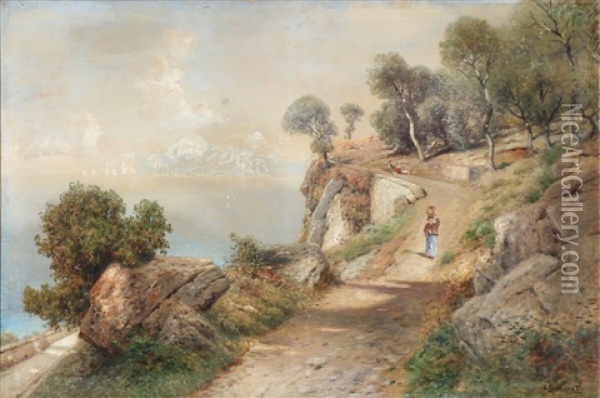 Rocky Coast With A Woman And Children On A Mountain Road Oil Painting - Ascan Lutteroth
