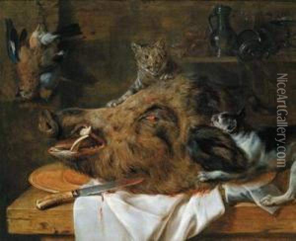 Natura Morta Venatoria Con Testa Di Cinghiale E Gatti Oil Painting - Simon de Vos