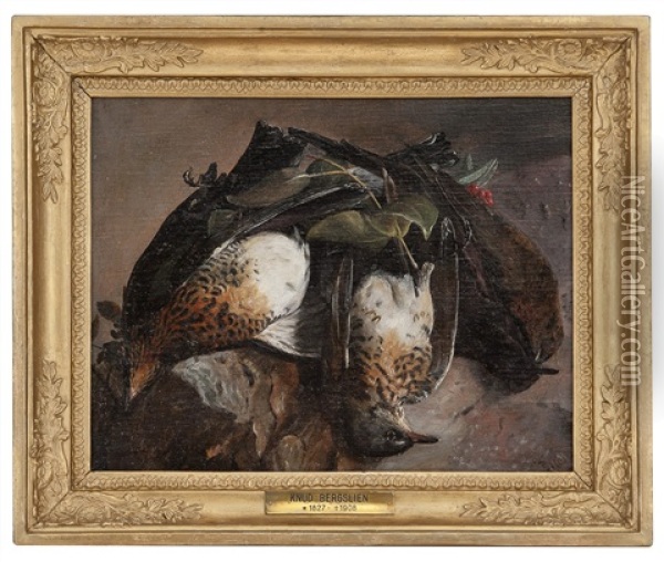 Kramsfugl Oil Painting - Knud Larsen Bergslien