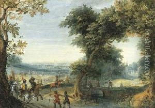 A Wooded Landscape With A Cavalry Skirmish, A City Beyond Oil Painting - Mattheus Adolfsz Molanus