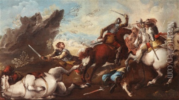 Schlacht Unter Einem Felsen (+ Schlacht Auf Einer Brucke; 2 Works) Oil Painting - Antonio Maria Marini