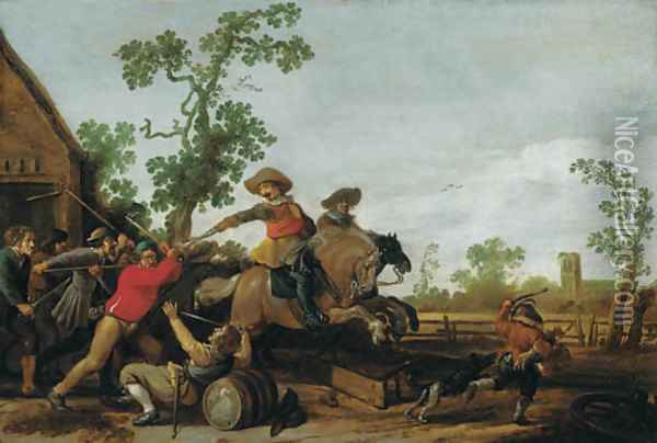 Villagers attacking cavalry outside a cottage Oil Painting - Jacob Martsen de Jonge