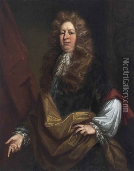 Portrait Of Sir William Hussey (1642-1691), Three-quarter-length, In A Dark Grey Coat And Gold Wrap Oil Painting - John Riley