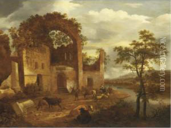 Architectural Capriccio With Peasants And Cattle Oil Painting - Dirck Verhaert
