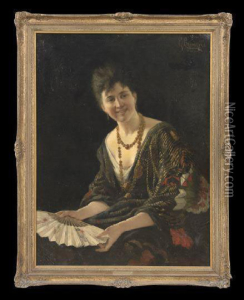 Portrait Of A Woman In A Japanese Kimono, 
Holding A Fan Oil Painting - Giacomo Campi