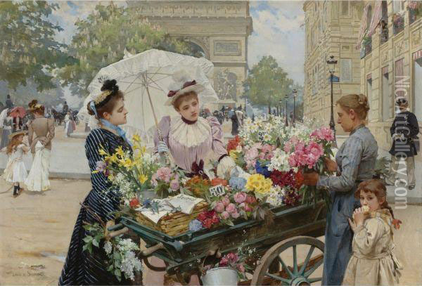 The Flower Seller On The Champs Elysees Oil Painting - Louis De Schryver