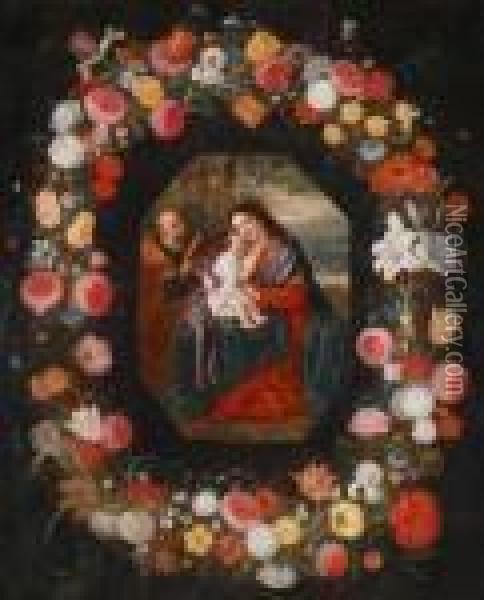 Die Heiligefamilie In Einem Blumenkranz Oil Painting - Jan Brueghel the Younger