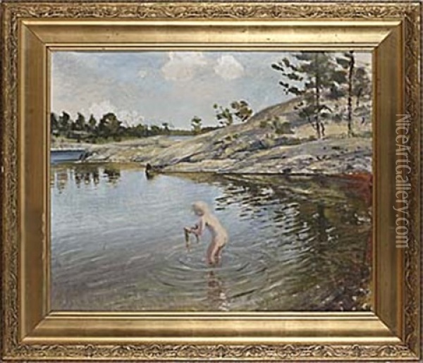 Badande Pojke Oil Painting - August Vilhelm Nikolaus Hagborg