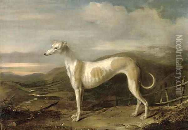 A prize greyhound in an extensive landscape, a river beyond Oil Painting - English School