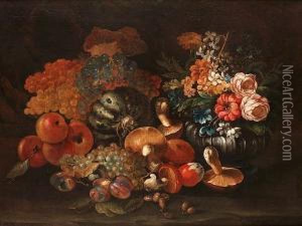 Mushrooms, Plums, Peaches, 
Grapes And Other Fruit In A Landscape With A Silver Gilt Vase Of 
Narcissi, Roses, Delphiniums And Other Flowers Oil Painting - Luca Forte