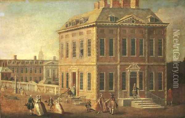 View of Ranelagh House and Gardens, and the Chelsea Hospital, with figures walking in the foreground Oil Painting - Joseph Nickolls
