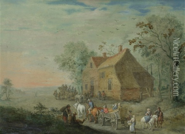 Travellers On A Country Path, With A Barn In The Distance Oil Painting - Jacques Willem Van Blarenberghe