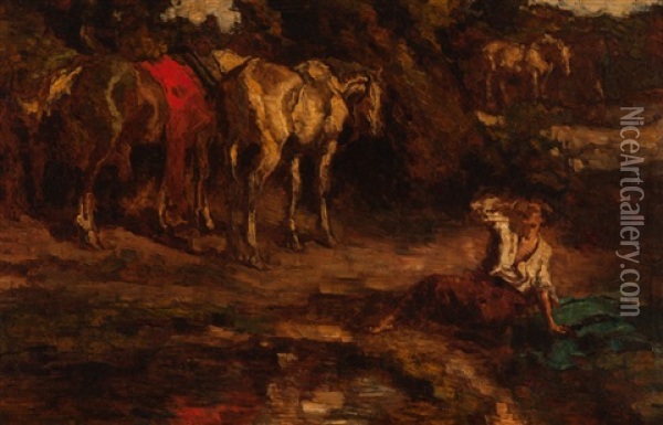 Resting By The Watering Hole Oil Painting - Johannes Hendricus Jurres