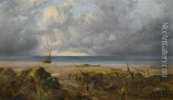 Coastal Landscape With Fishermen Oil Painting - David Cox