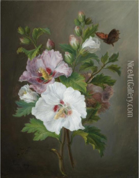 A Still Life Of A Bouquet Rose Of Sharon Oil Painting - Joseph Laurent Malaine