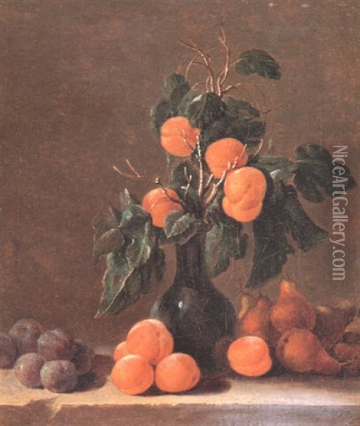Still Life Of A Sprig Of Apricots In A Glass Vase Oil Painting - Jacques Charles Oudry