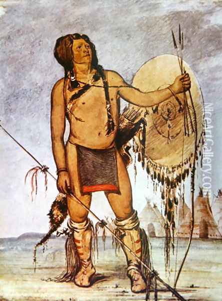 Comanche warrior with a shield, lance and bow and arrows, c.1835 Oil Painting - George Catlin