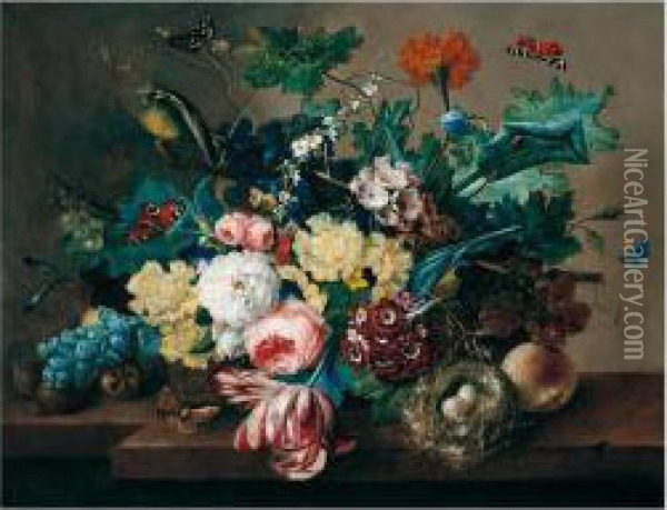 Still Life Of Roses, Tulips, 
Popies, Morning Glory And Hollyhocks In A Wicker Basket, With Grapes, 
Medlars, A Peach And A Bird's Nest, Arranged Upon A Stone Ledge, 
Together With A Green Finch And Butterflies Oil Painting - Franz Xaver Petter