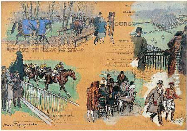 Aux Courses, Auteuil, Jeudi 2 Decembre 1926 Oil Painting - Maurice Taquoy