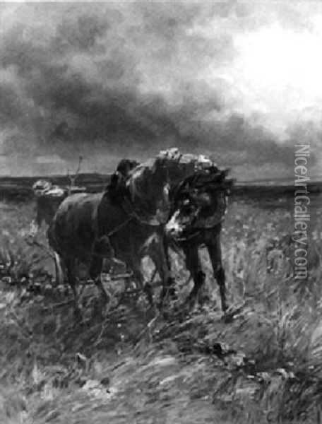Von Einem Gewitter Uberraschter Bauer Am Pferdepflug Oil Painting - Leon Georges Calves