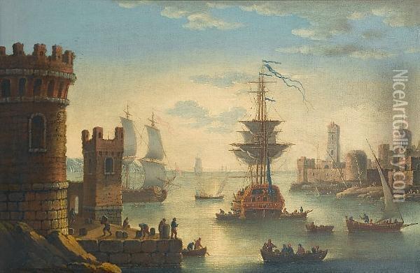 A Mediterranean Harbour At Sunset Oil Painting - Alessandro Grevenbroeck