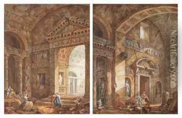 Interiors Of A Roman Basilica With Figures Oil Painting - Charles Louis Clerisseau