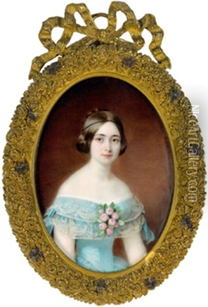 Bildnis Einer Jungen Frau In Turkisem Kleid Und Rosen Oil Painting - Pierre Paul Emmanuel de Pommayrac