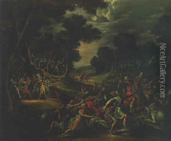 A Battle Between Moors And Christians Oil Painting - Juan de LaCorte