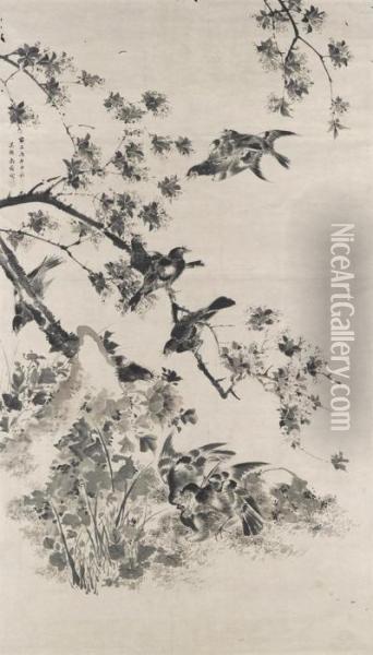 Birds And Flowers Oil Painting - Shen Quan