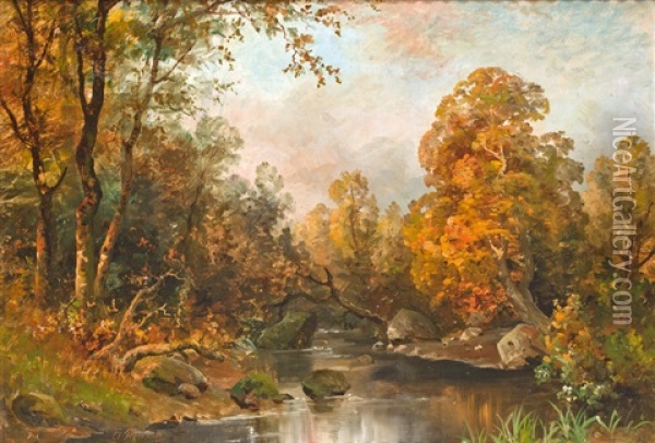 Herbstabend Am Waldbach Oil Painting - August Flinker