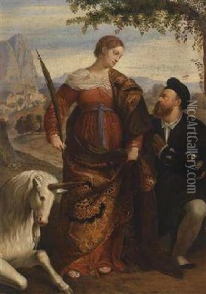 Saint Justina With The Unicorn And A Donor Oil Painting - Alessandro Bonvicino (Moretto da Brescia)