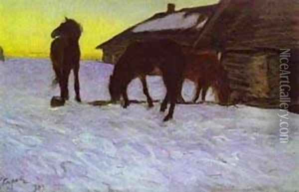 Colts At Watering Place Domotcanovo 1904 Oil Painting - Valentin Aleksandrovich Serov
