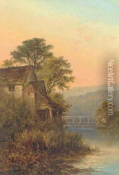 Fishing by a weir, dusk Oil Painting - English School