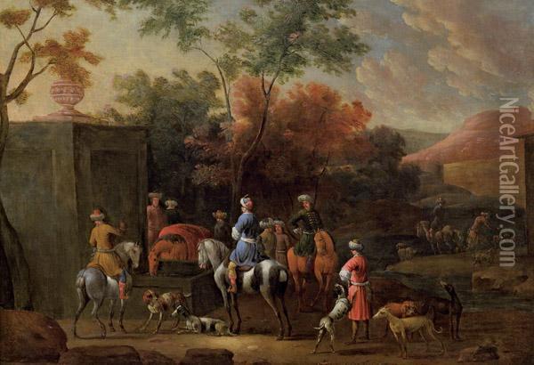 Rastende Reitergesellschaft An Einem Brunnen Oil Painting - Pieter van Bloemen