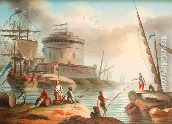 Fishing Ina Mediterrean Harbour Oil Painting - Charles Francois Lacroix de Marseille