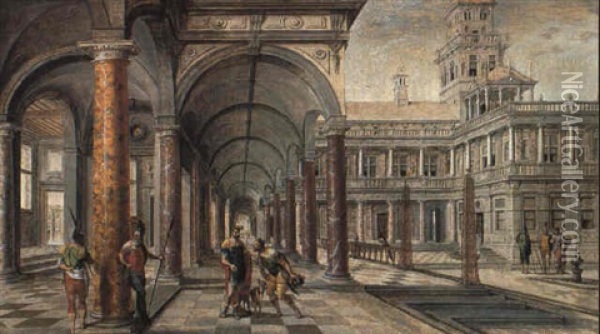 Mythologische Szene Vor Italienischer Palastarchitektur Oil Painting - Hans Vredeman (Jan) de Vries