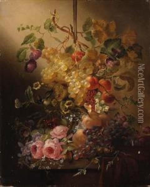 Flowers, Fruit, A Bird And Butterflies On A Table Oil Painting - Jean-Baptiste Robie