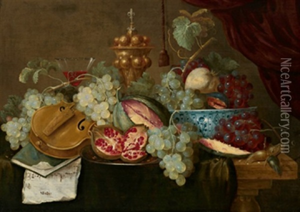 Stillleben Mit Fruchten, Violine, Noten, Einem Weinglas Und Einem Goldenen Pokal Oil Painting - Jan Pauwel Gillemans The Elder