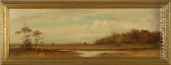 Marsh Landscape With Haystacks, Likely Nantucket Oil Painting - William Ferdinand Macy