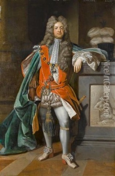 Portrait Of Charles Montagu, 1st Earl Of Halifax, Standing Full-length, In The Robes Of The Order Of The Garter Oil Painting - Michael Dahl
