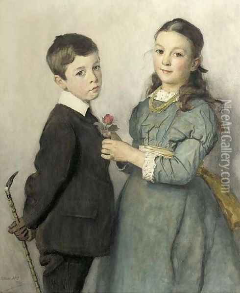 Portrait of a young boy and girl, three-quarter lengths Oil Painting - Adrian Scott Stokes