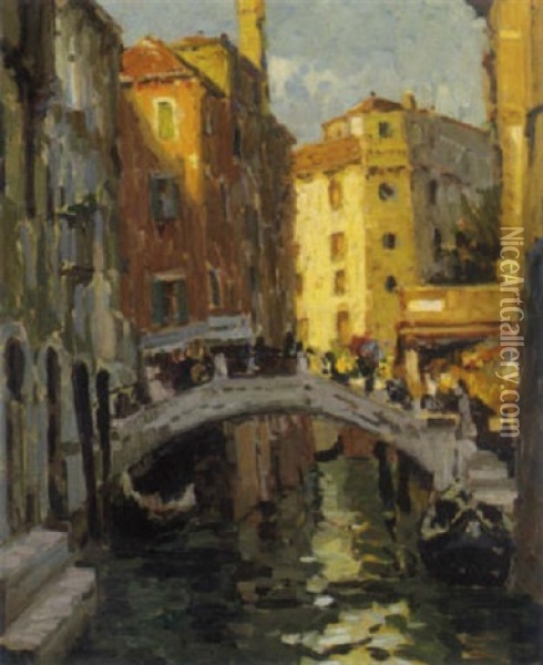 Venezianische Kanalansicht Im Sonnenlicht Oil Painting - Max Werner