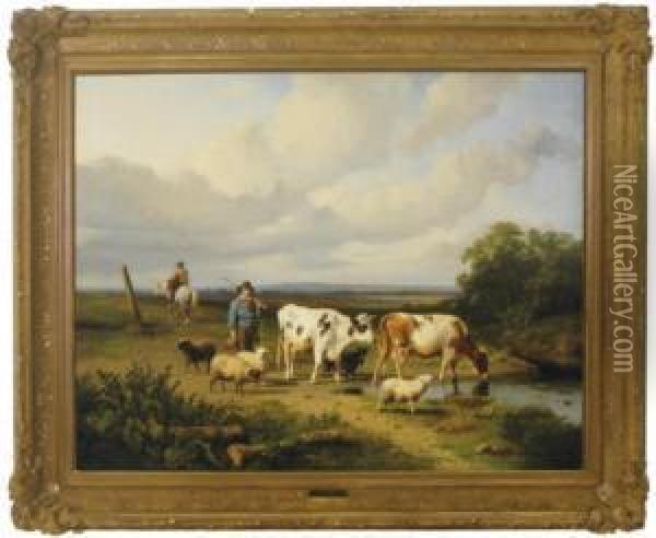 Shepherd With Sheep And Cattle Near A Watering Hole Oil Painting - Dirk Peter Van Lokhorst