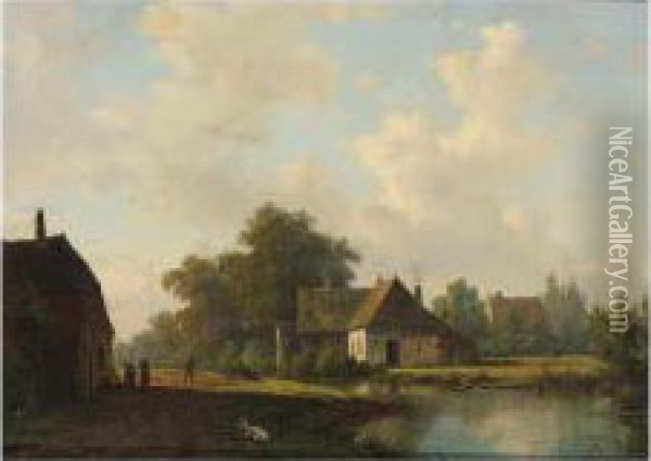 Landscape With Farm And Peasants On A Country Lane Oil Painting - Maurits Van Den Kerkhoff