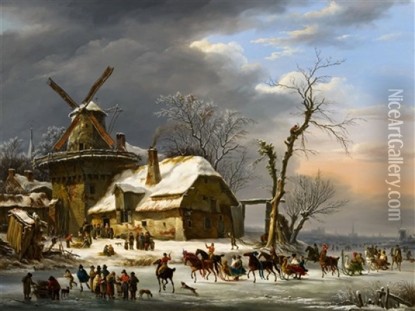 Winter Landscape With A Frozen Canal And A Windmill Oil Painting - Hendrick Van Assche