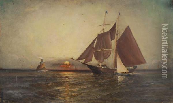 Ships Near Harbor Oil Painting - Elisha (Taylor) Baker