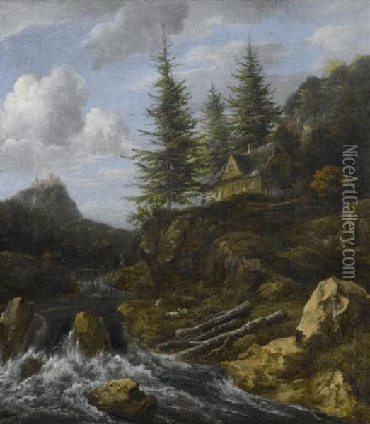 Mountain Landscape With River. Oil Painting - Jacob Van Ruisdael