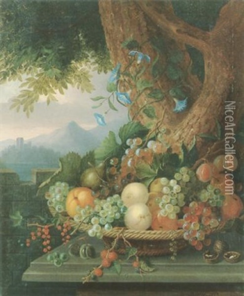 Fruchtestilleben Vor Berglandschaft Oil Painting - Moritz Riebes