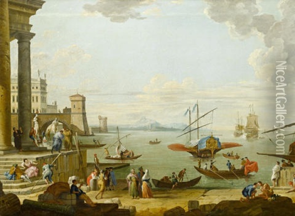 A Mediterranean Port With Elegant Figures On The Quayside Oil Painting - Jean Baptiste Lallemand